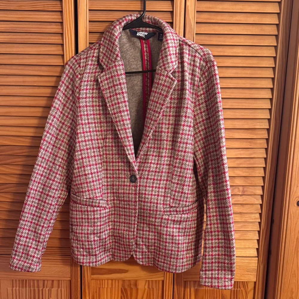 Lands’ End Red and Gray Houndstooth Blazer